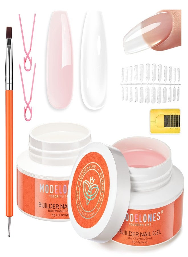 موديل ونز مجموعة بناء جل الأظافر من موديلونز، لونان، 10 في 1، جل صلب شفاف بلون نيود مع فرشاة مزدوجة الأطراف، مشابك أكريليك، 100 قطعة من قوالب الورق لتشكيل وتطويل الأظافر، معالجة بتقنية LED في الصالونات - Image 1